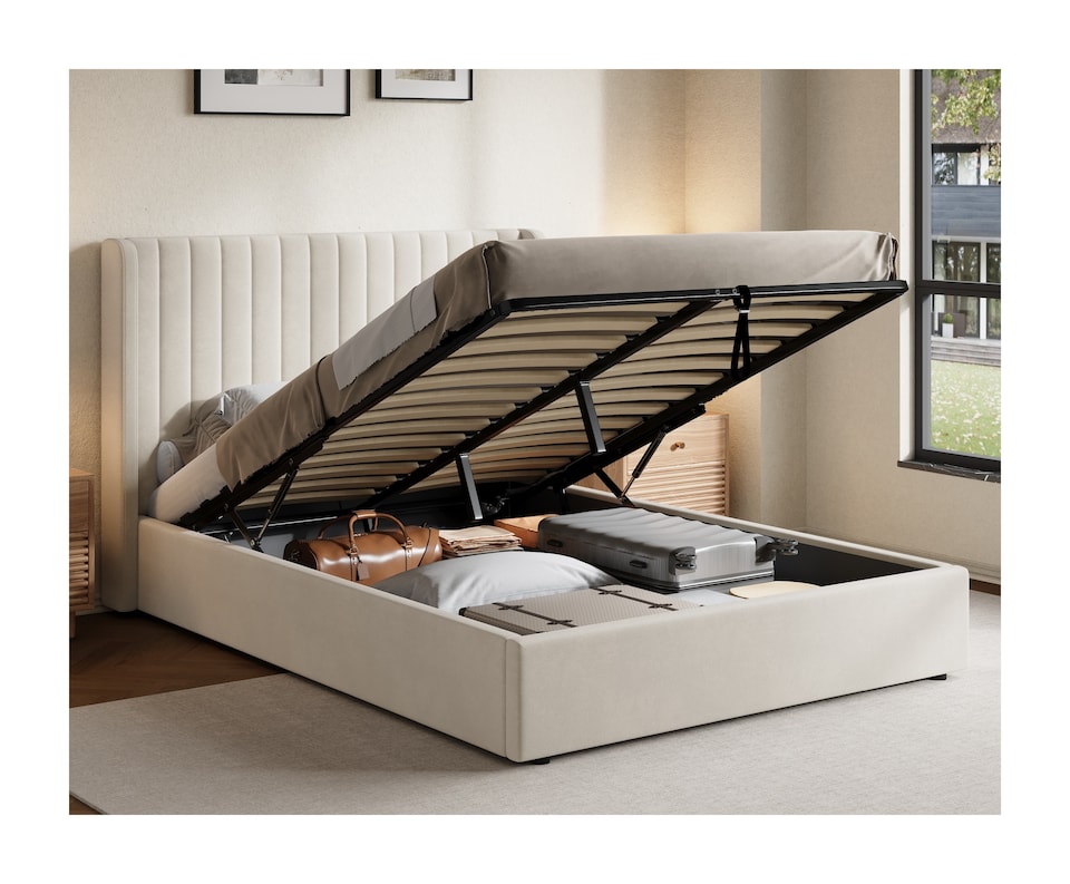 image 1 of Ezysleep Belgravia Velvet Upholstered Gas Lift Ottoman Storage Bed Frame Modern Design | Cream | Cream