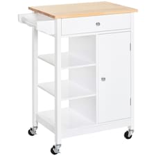 HOMCOM Kitchen Trolley, Kitchen Island on Wheels, w Wood Top, 3 Shelves and Storage Cupboard, White