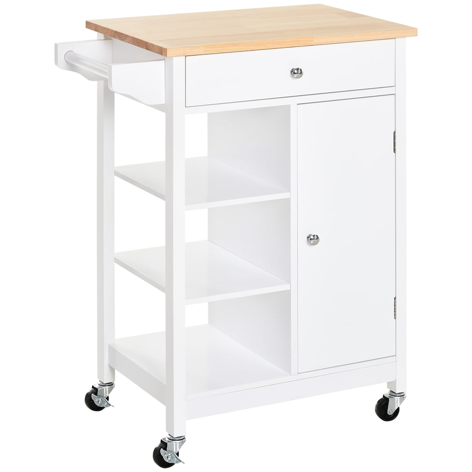 image 1 of HOMCOM Kitchen Trolley, Kitchen Island on Wheels, w Wood Top, 3 Shelves and Storage Cupboard, White