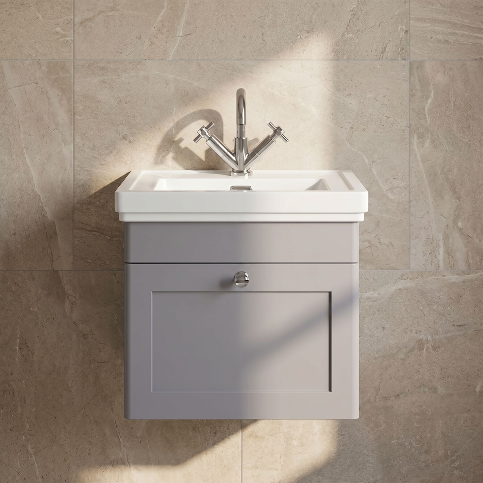 image 1 of Balterley Classic Traditional Bathroom Wall Hung 1-Drawer Vanity Unit & Fireclay Basin | Grey | Satin Grey