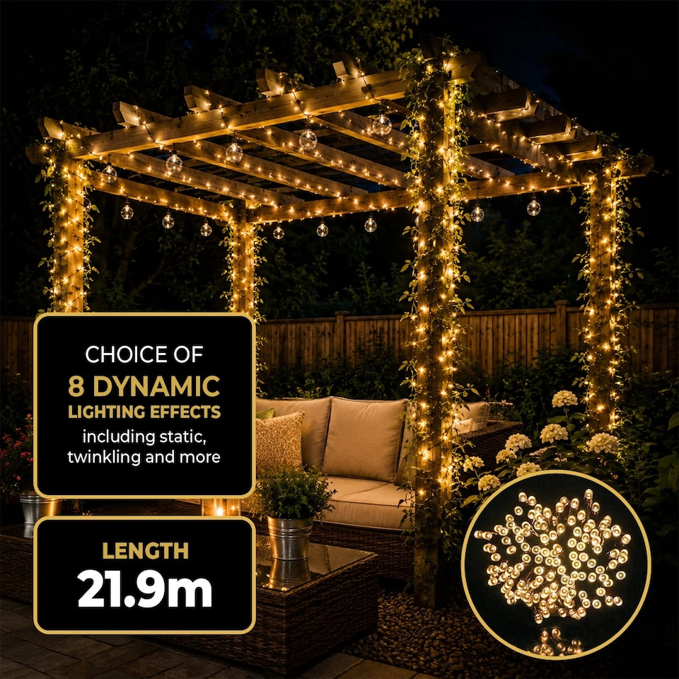 image 1 of Coopers Of Stortford Solar String Lights 200 LED 21.9m 8 Light Effects