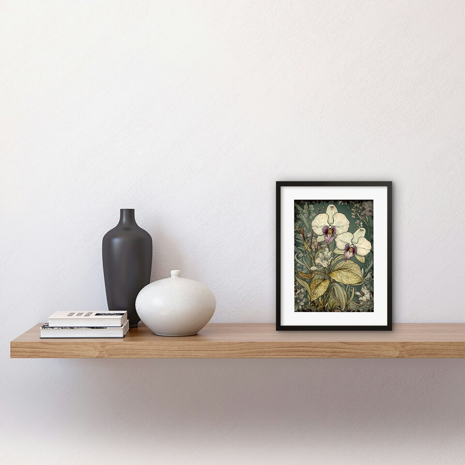 image 1 of William Morris Style White Purple Orchid 9x7" Black Framed Wall Art Print