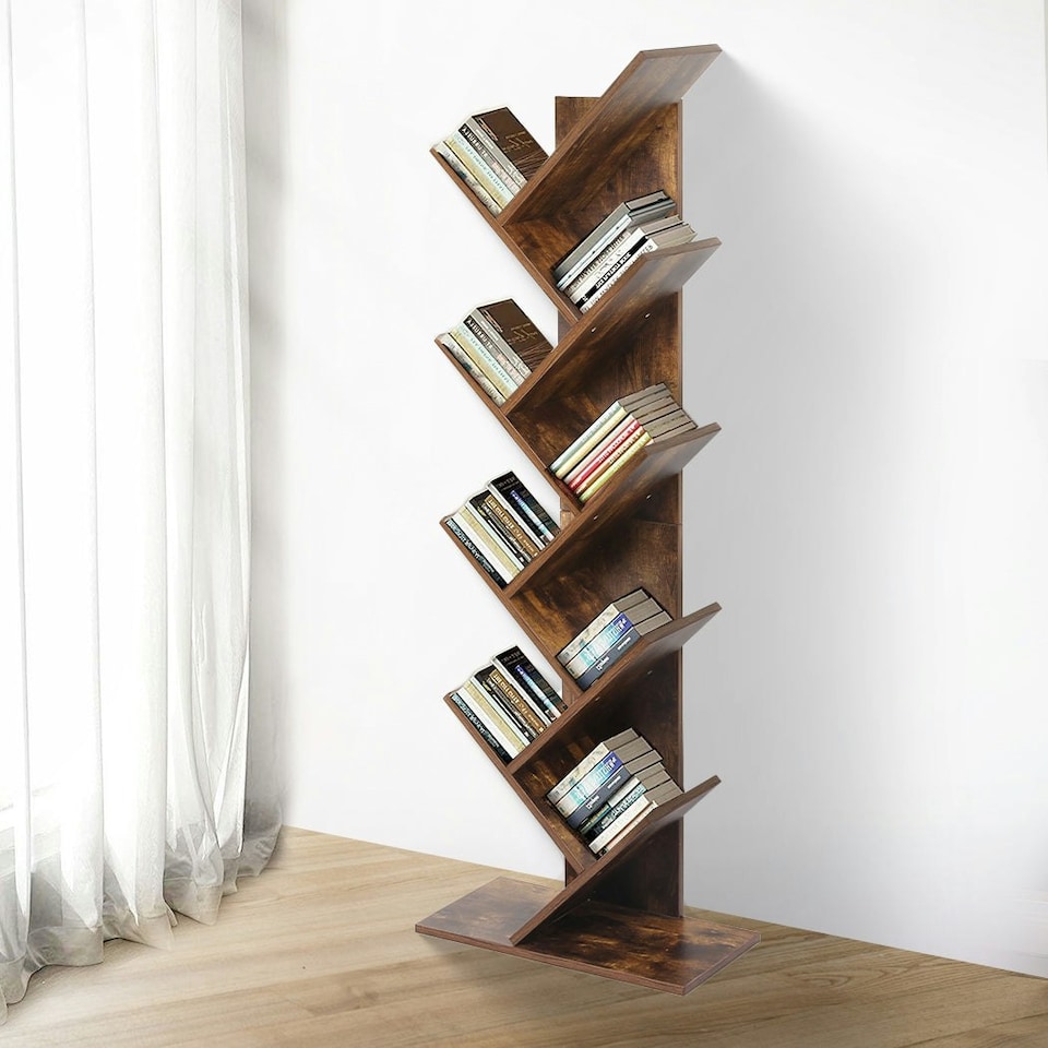 image 1 of Bookcases Bookshelf Book Storage Wooden Tree 8-Tier  Home Decor Display Stand Brown
