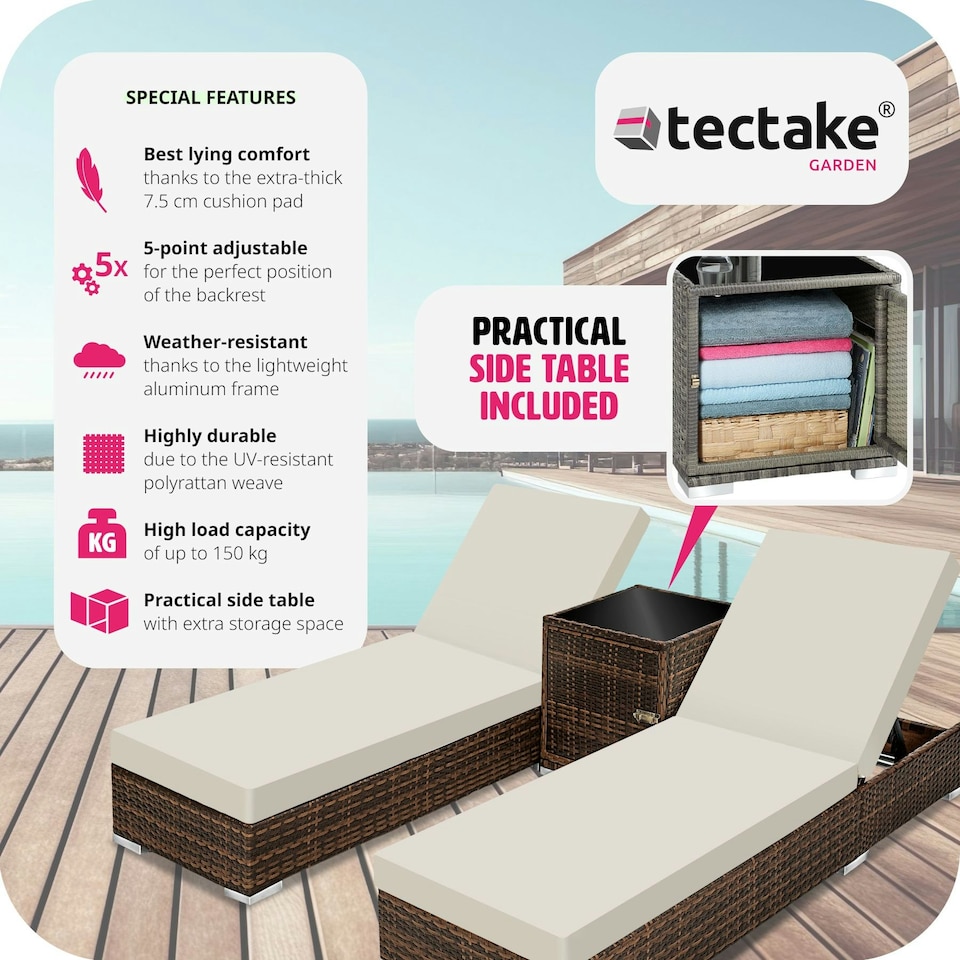 image 1 of Sun Lounger Set - 2 loungers, 1 side table, aluminium frame, adjustable backrest, rain cover Brown
