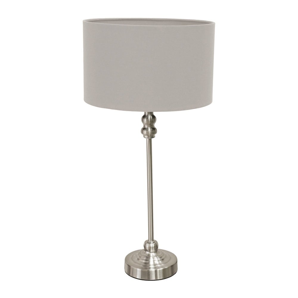 ValueLights Maggie Brushed Chrome Candlestick Slim Table Lamp Fabric Drum Lamp Shade in Grey