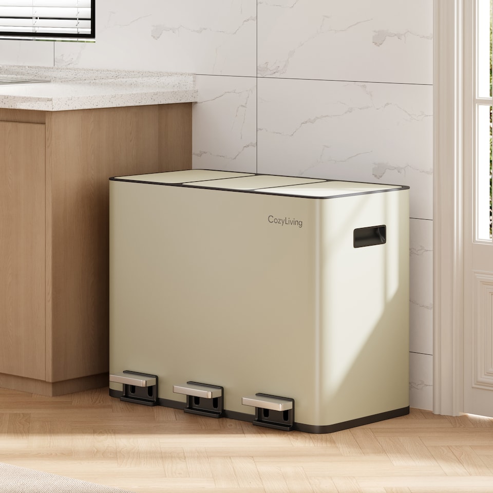 image 1 of CozyLiving 45L Triple Pedal Bin for Recycling and General Waste Rubbish Kitchen Bin 3x 15L