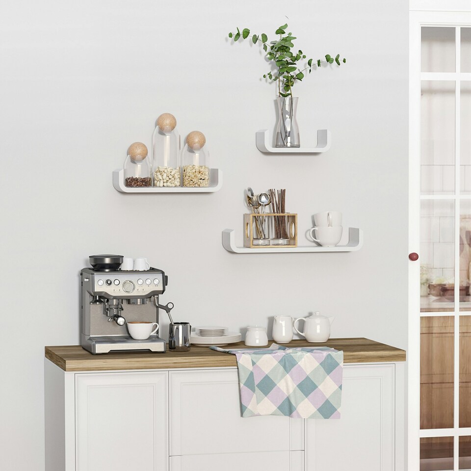 image 1 of HOMCOM U Shaped Shelf Set Floating Wall Mounted White Hanging 3pc Display