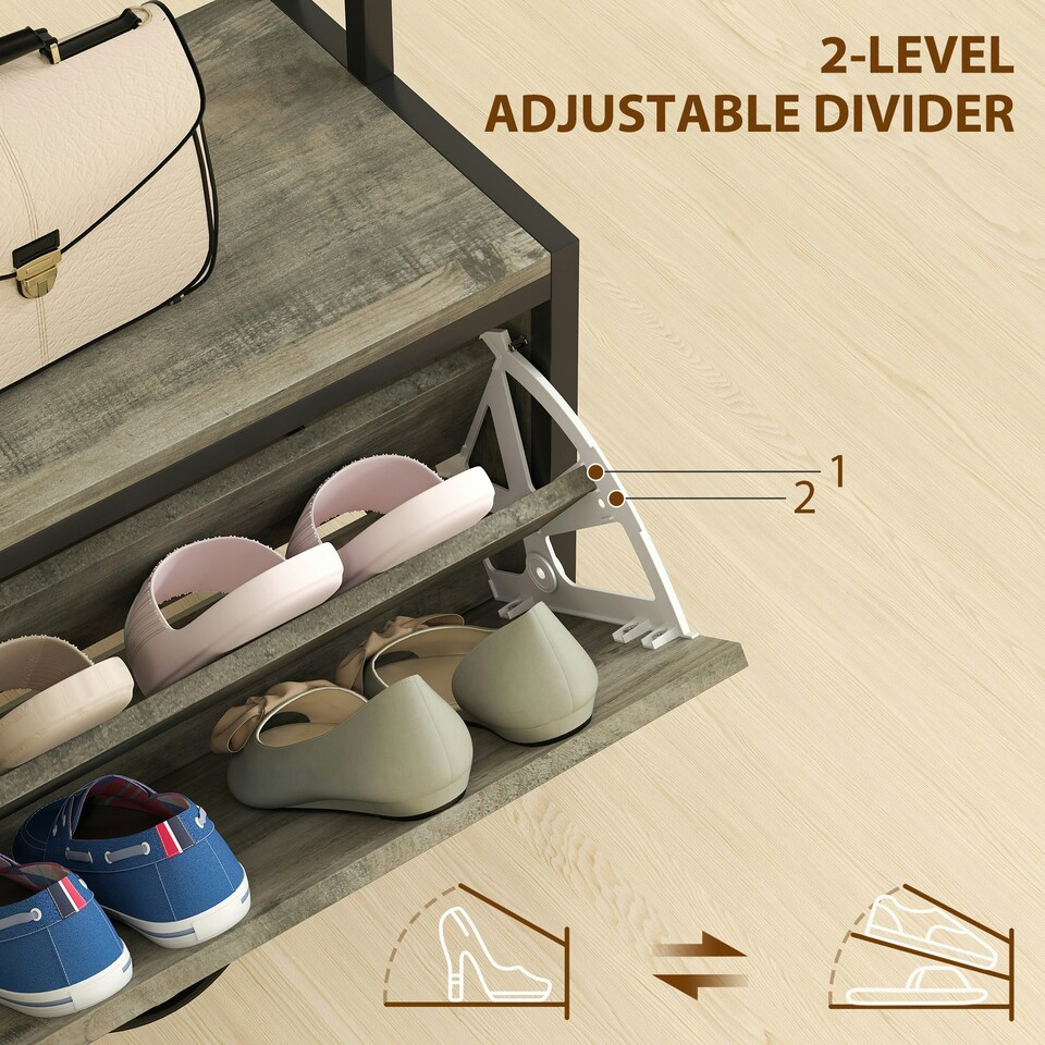 image 1 of HOMCOM Industrial Hall Tree Coat Rack Stand with Shoe Cabinet | Grey | Black | 80W x 30D x 180H cm | 1