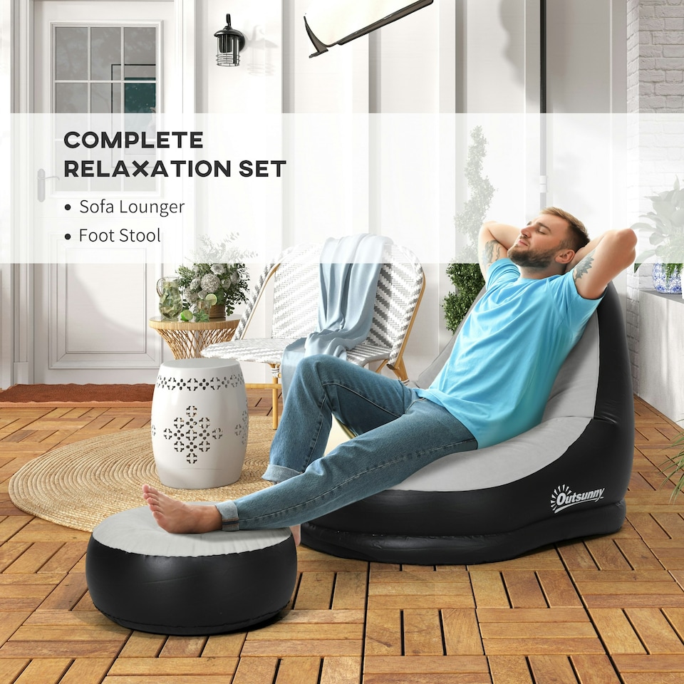 image 1 of Outsunny Inflatable Chair and Footstool for Gaming, Reading, Watching, Grey