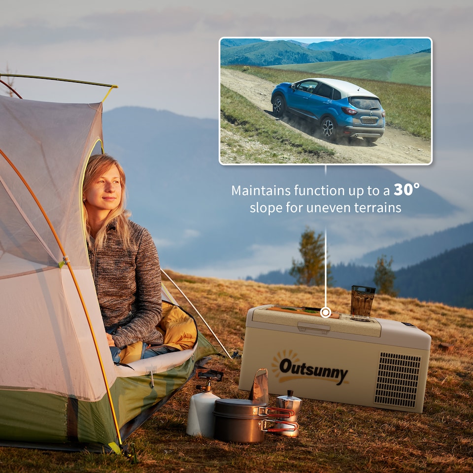 image 1 of Outsunny 16L Car Refrigerator Fridge Freezer, DC and 240V AC, Khaki