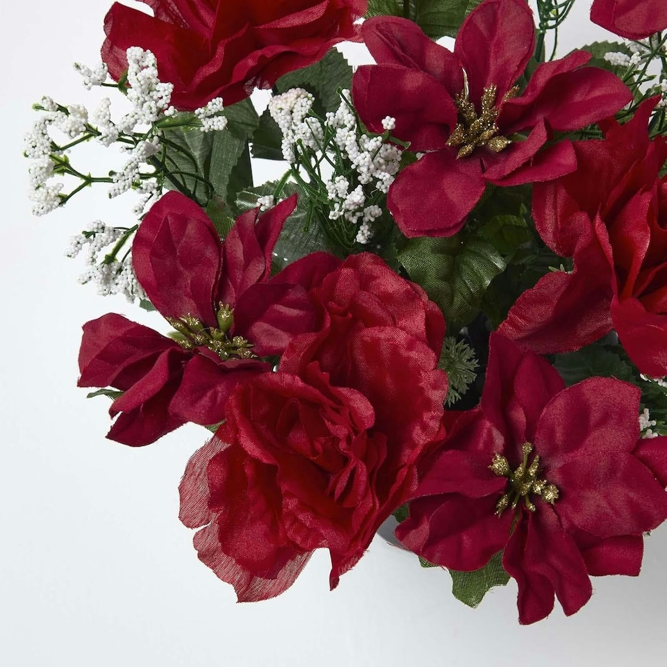image 1 of Homescapes Artificial Poinsettia and Rose Flowers in Pot, Artificial Flower Bouquet