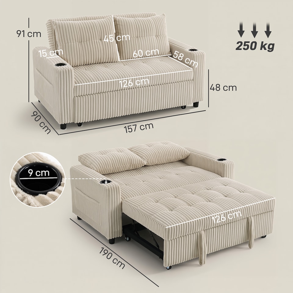 image 1 of HOMCOM Corduroy Click Clack Sleeper Sofa with Pull Out Design, Cream White