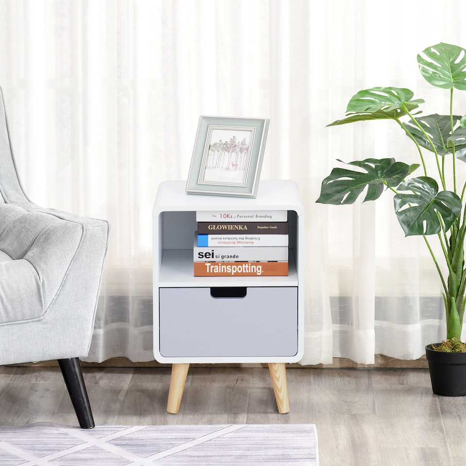 image 1 of HOMCOM Wooden Bedside Table End Nightstand With Drawer Wood Lamp Desk Storage Unit Bedroom Scandinavian Nordic Style