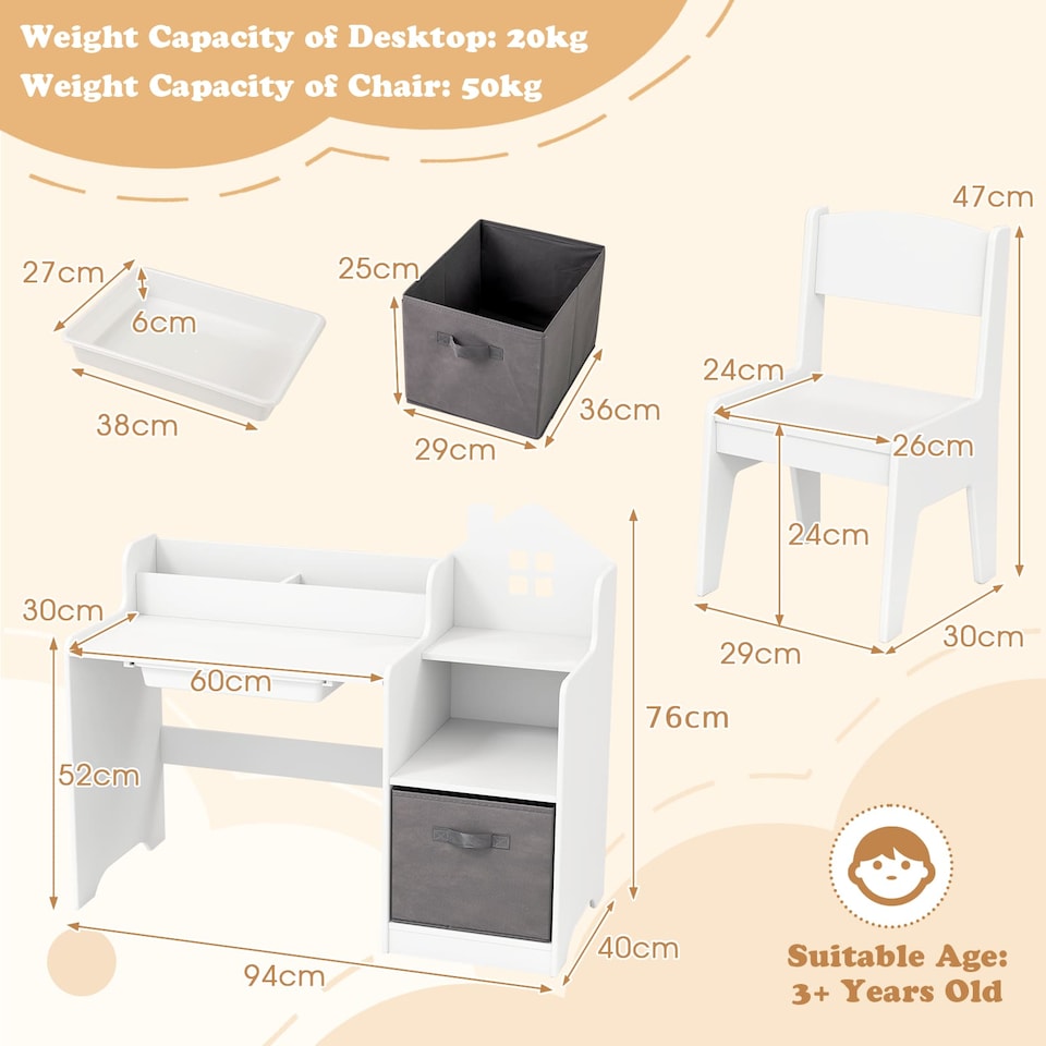 image 1 of COSTWAY Kids Study Desk and Chair Set Children Table White