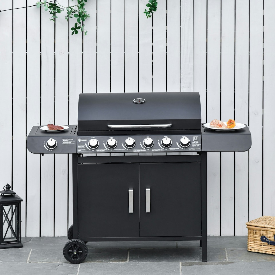 image 1 of Outsunny 6+1 Burner Gas BBQ Grill Garden Barbecue with Wheels, Cabinet