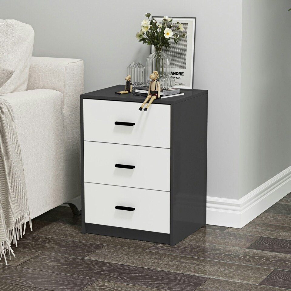 image 1 of Black 3-Drawer Bedside Table Grey | Colour: Cool Grey