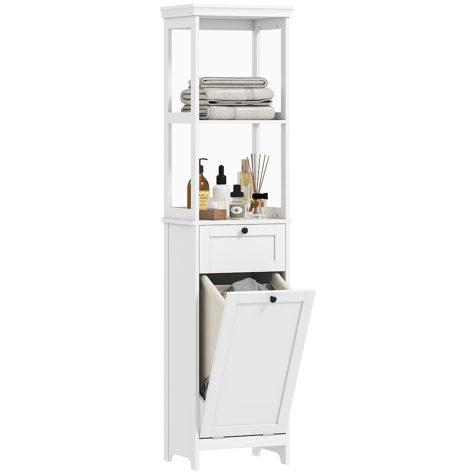 image 1 of HOMCOM Tall Bathroom Cabinet with Removable Laundry Basket, Slim Bathroom Storage Unit with Tilt-Out Laundry Cabinet, 2 Open Shelves and Drawer, 40 x 30 x 165 cm, White | White | White