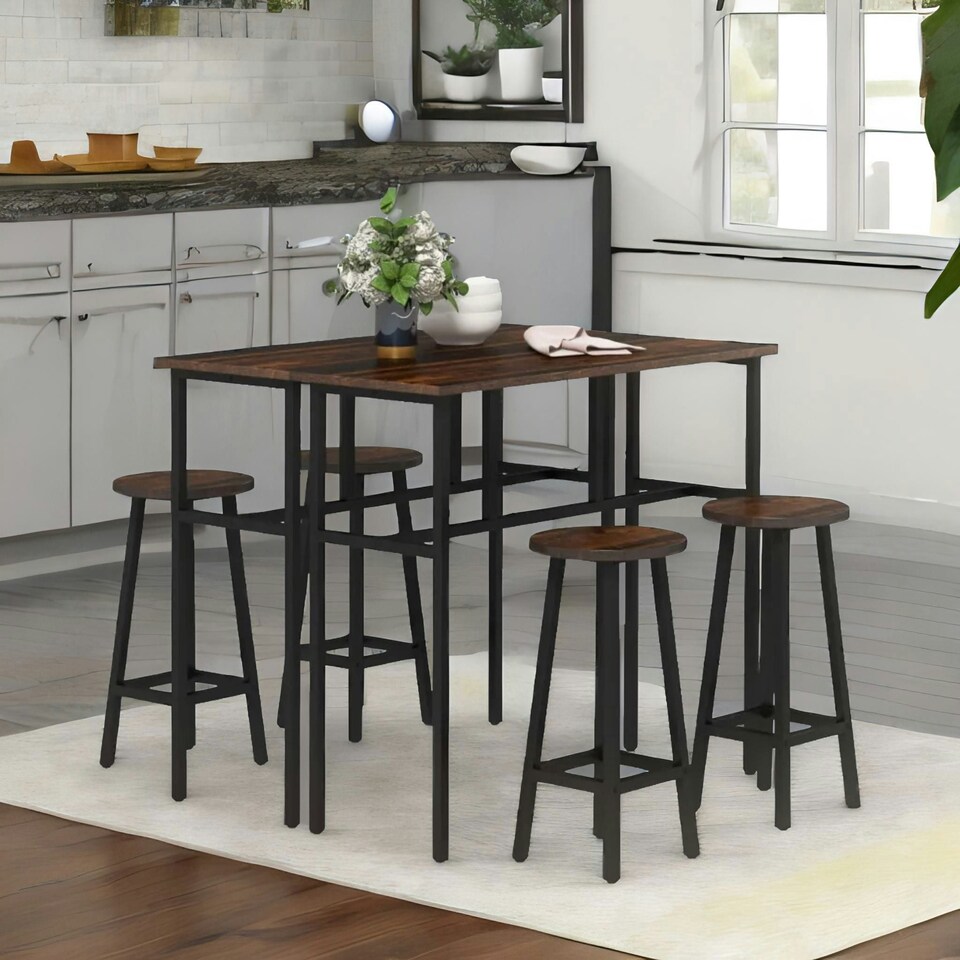image 1 of 6PC Industrial Dining Table And Stools Set Rustic Brown Brown