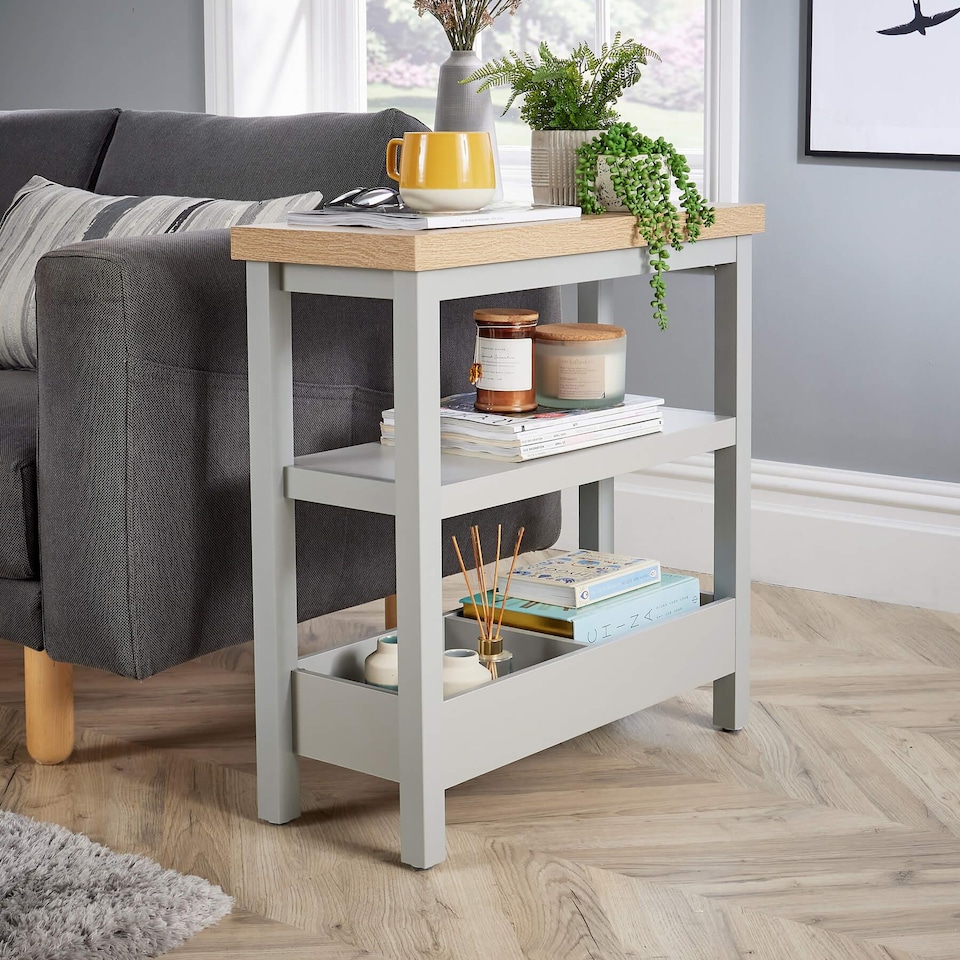 image 1 of Side Table Grey Oak Effect Top Storage Shelves Organiser Home Room Furniture