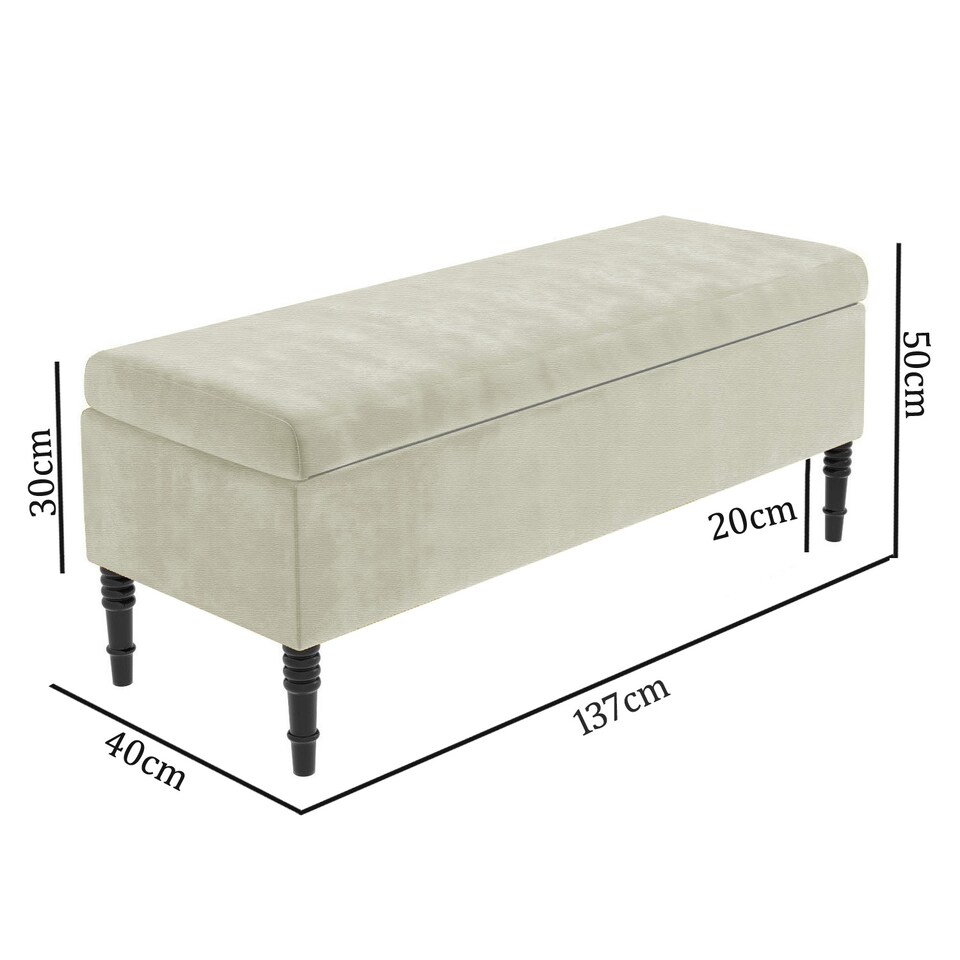 image 1 of 137cm Paris Plain Ottoman Storage Bench -Naples Shoes Bench with Black Turned Wooden Legs - Cream Upholstery Storage Footstool