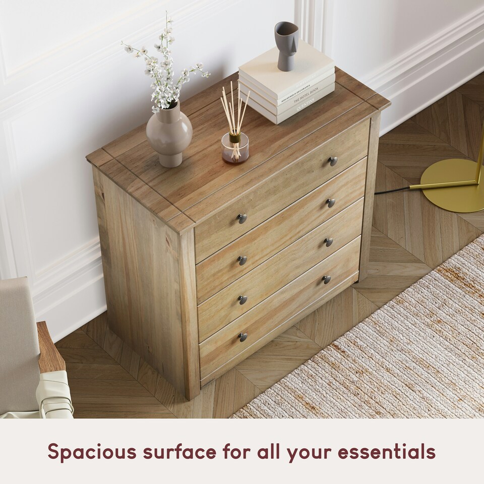 image 1 of Vida Designs Panama 4 Drawer Chest of Drawers Storage, Solid Pine Wood