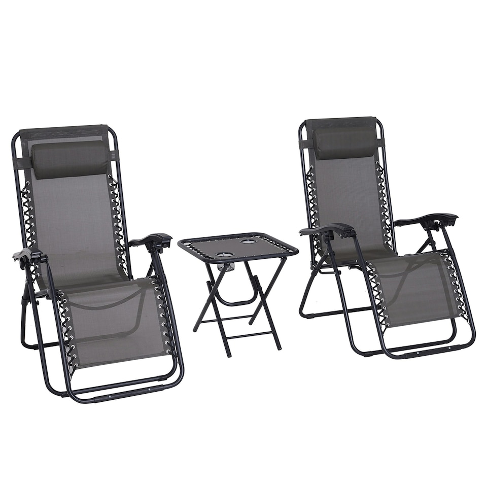 image 1 of Outsunny 3PC Zero Gravity Chairs Sun Lounger Table Set Dark Grey