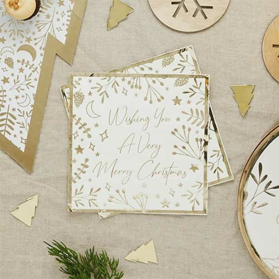image 1 of Gold Foil 'Wishing You A Very Merry Christmas' Luncheon Napkins 3 Ply 33cm - Pack of 16