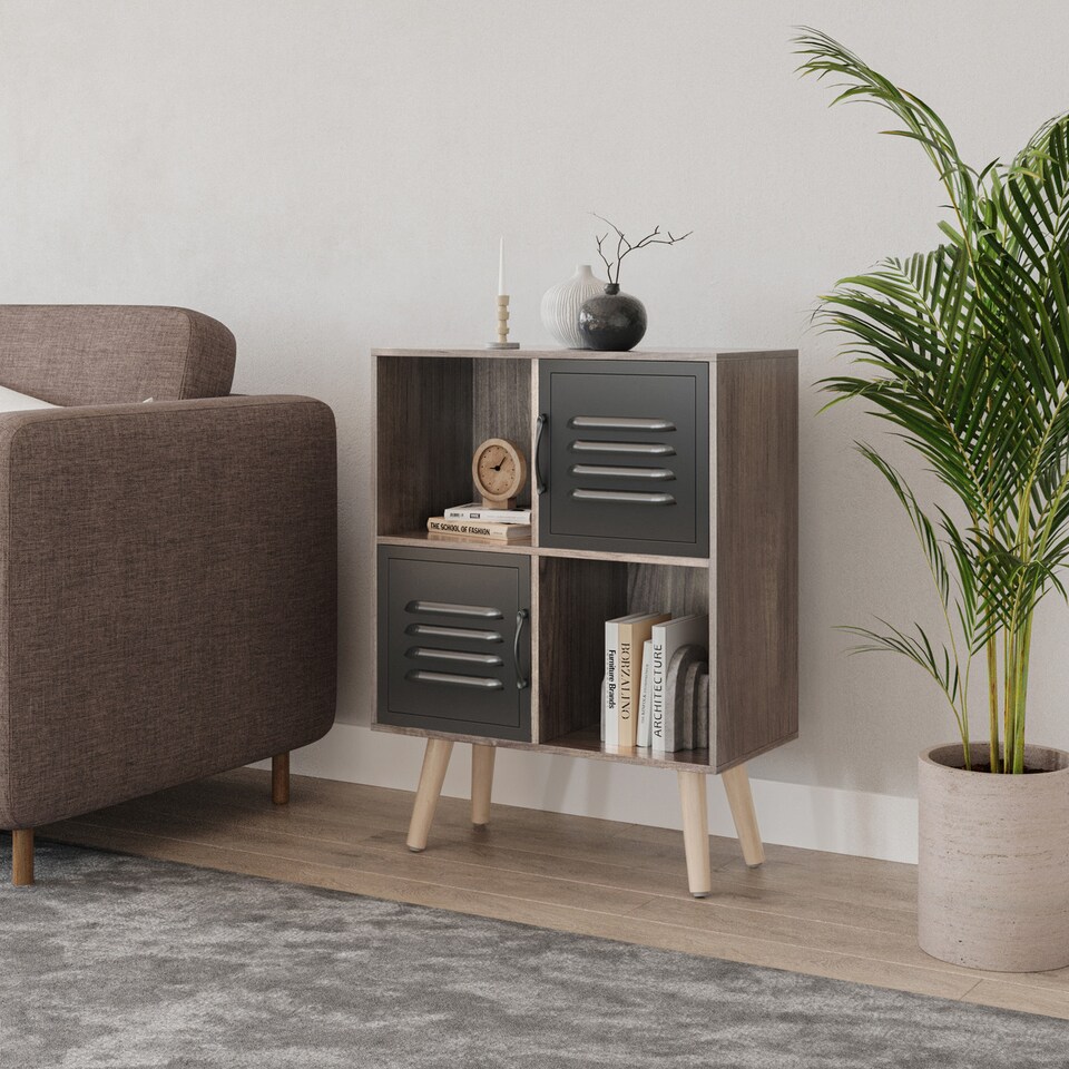 image 1 of Anthracite Oak 4-Cube Storage Unit with 2 Metal Doors and Legs | Black | Black & Pine | 1
