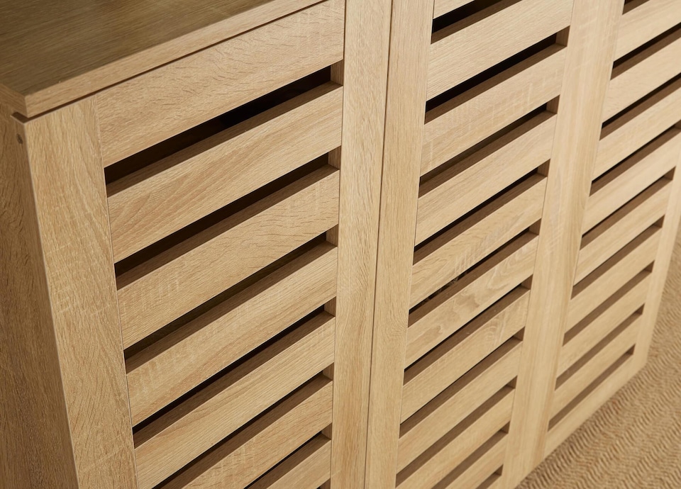 image 1 of Oslo 3 Door Wooden Shoe Storage Cabinet Rack Stand Cupboard Slatted Doors | Brown