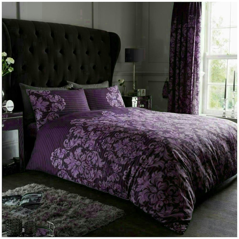 image 1 of VELVETIO Empire Damask Printed Duvet Cover Set Reversible Polycotton Beddings Purple | Single