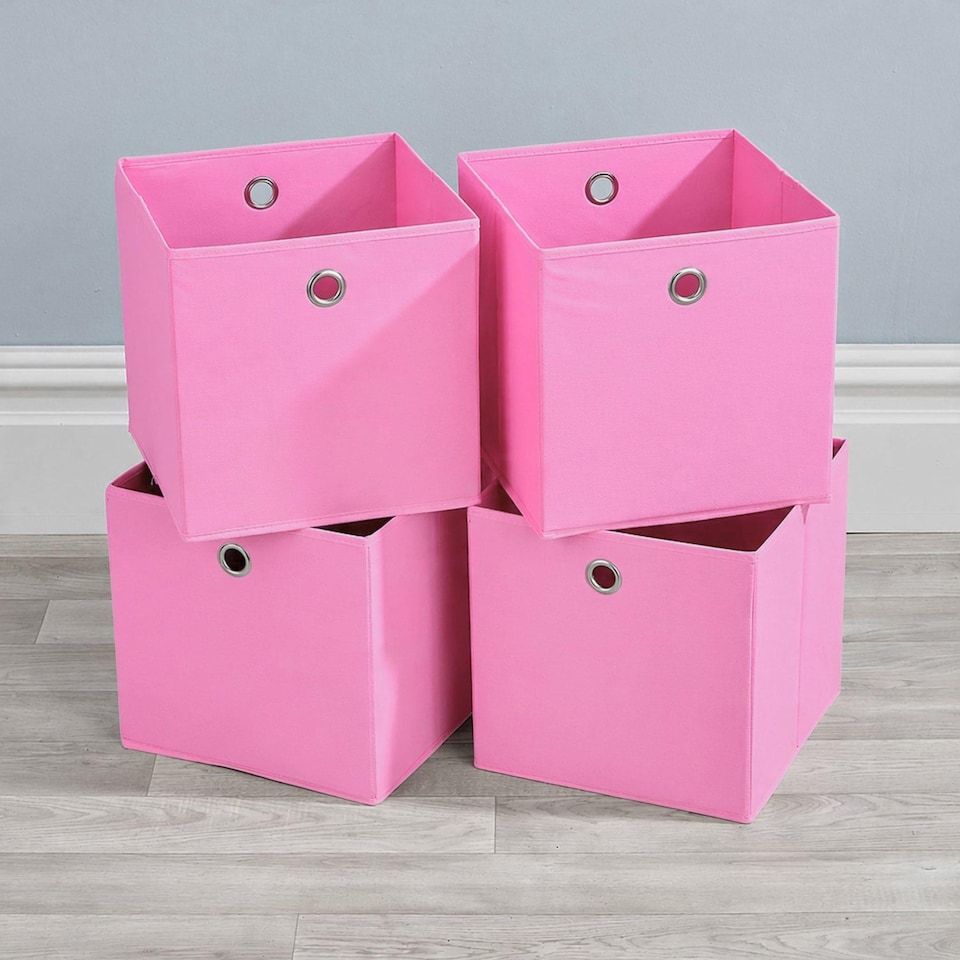 image 1 of Foldable Canvas Storage Folding Box Fabric Cube Cloth Bag 4 Piece Set | Pink
