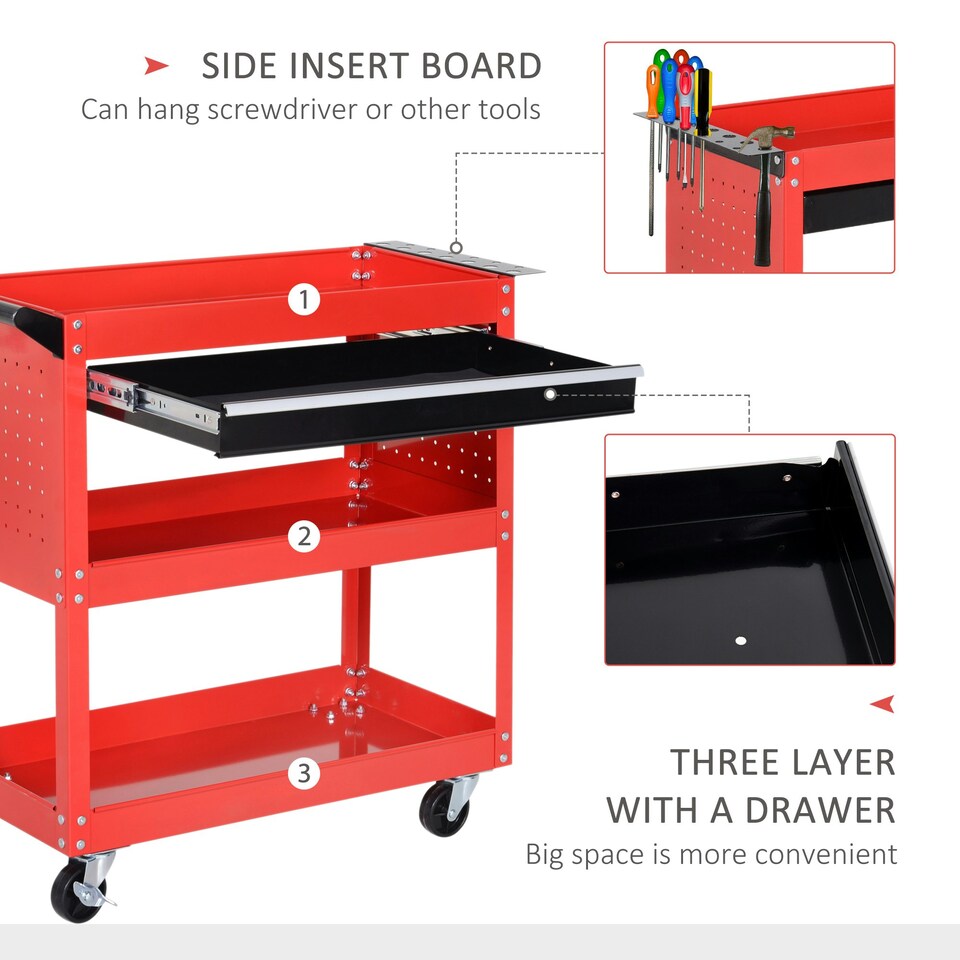 image 1 of DURHAND 3-tier Tool Trolley Cart Roller Cabinet Garage Workshop with Drawer