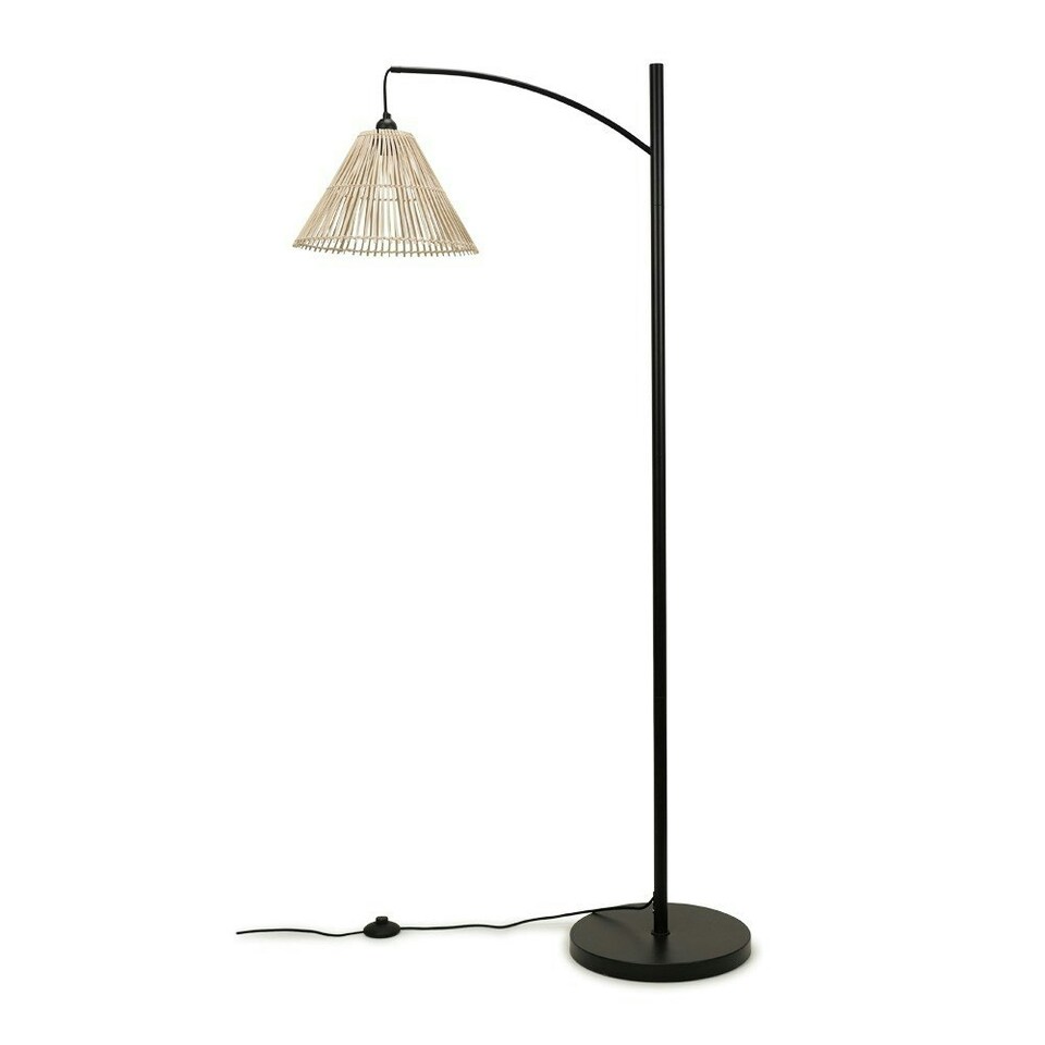 image 1 of ValueLights Preto Black Metal Curve Stem Floor Lamp with a Rattan Wicker Tapered Shade