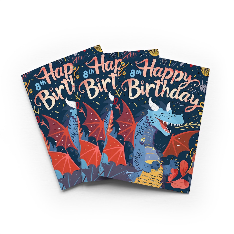 image 1 of Happy Dragon 8th Birthday Card Fun Cartoon Set of 3 Greeting Cards Blank Inside