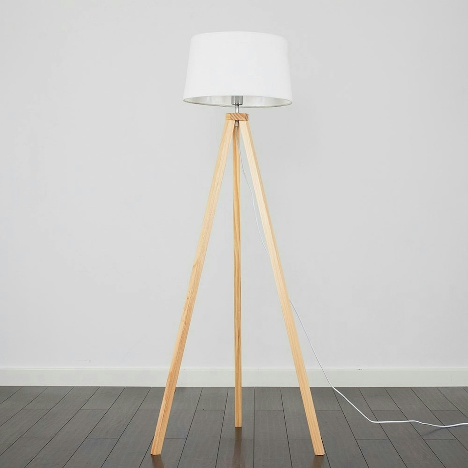image 1 of ValueLights Barbro Wood Tripod Floor Lamp White Doretta Shade & Bulb White