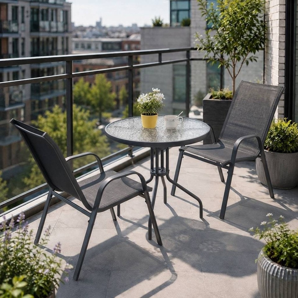 image 1 of 3 Pcs Garden Round Glass Top Table & 2 Chairs Bistro Set