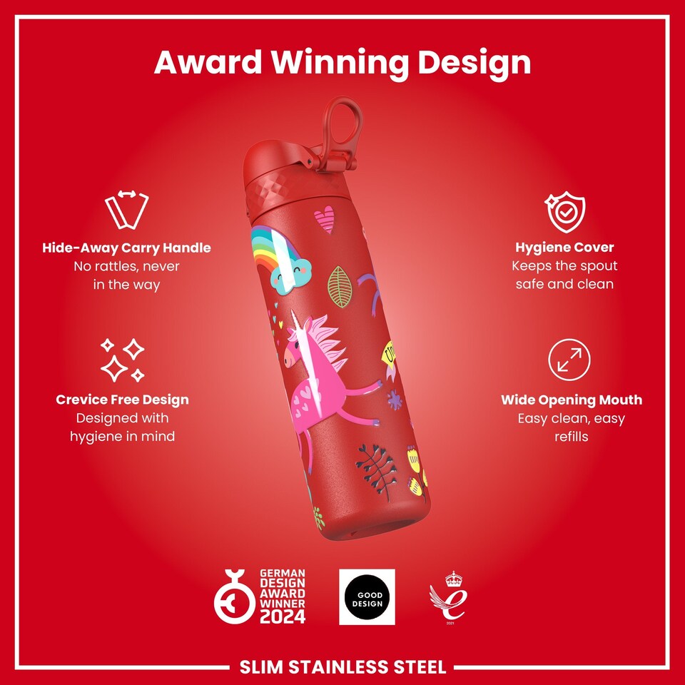 image 1 of Leak Proof Slim Water Bottle, Stainless Steel, 600ml (20oz) | Red | Unicorns Red | One Size