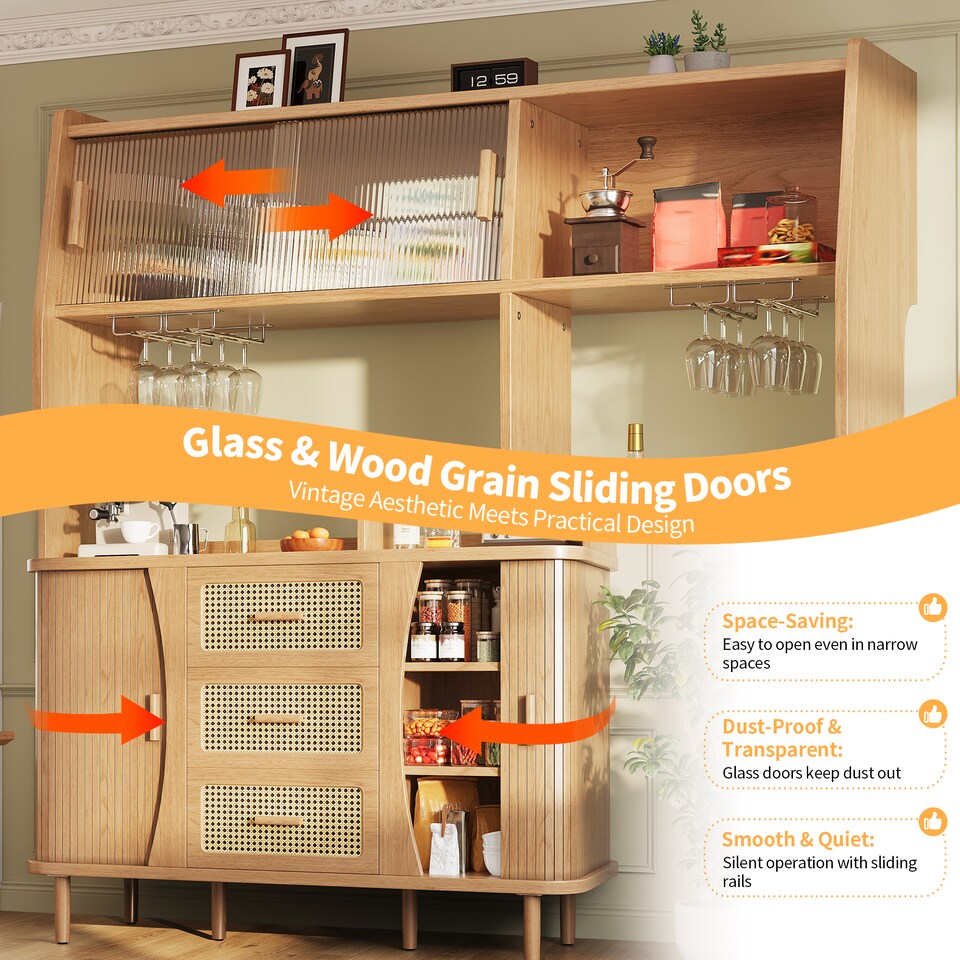 image 1 of VILUXE Tall Kitchen Storage Cabinet with Rattan-Effect Drawers and Glass Sliding Doors, 140 cm, Natural Wood