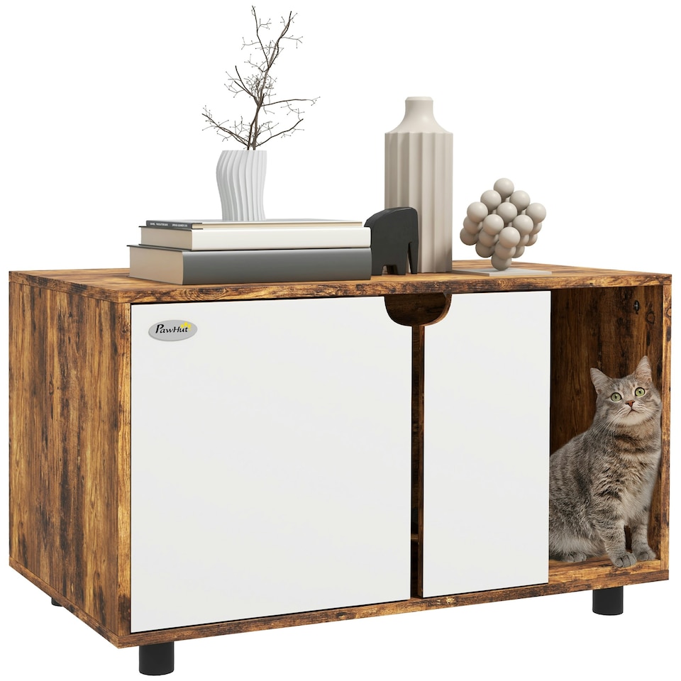 image 1 of PawHut Hidden Cat Litter Box Furniture w/ Sand Drain Pad - Rustic Brown