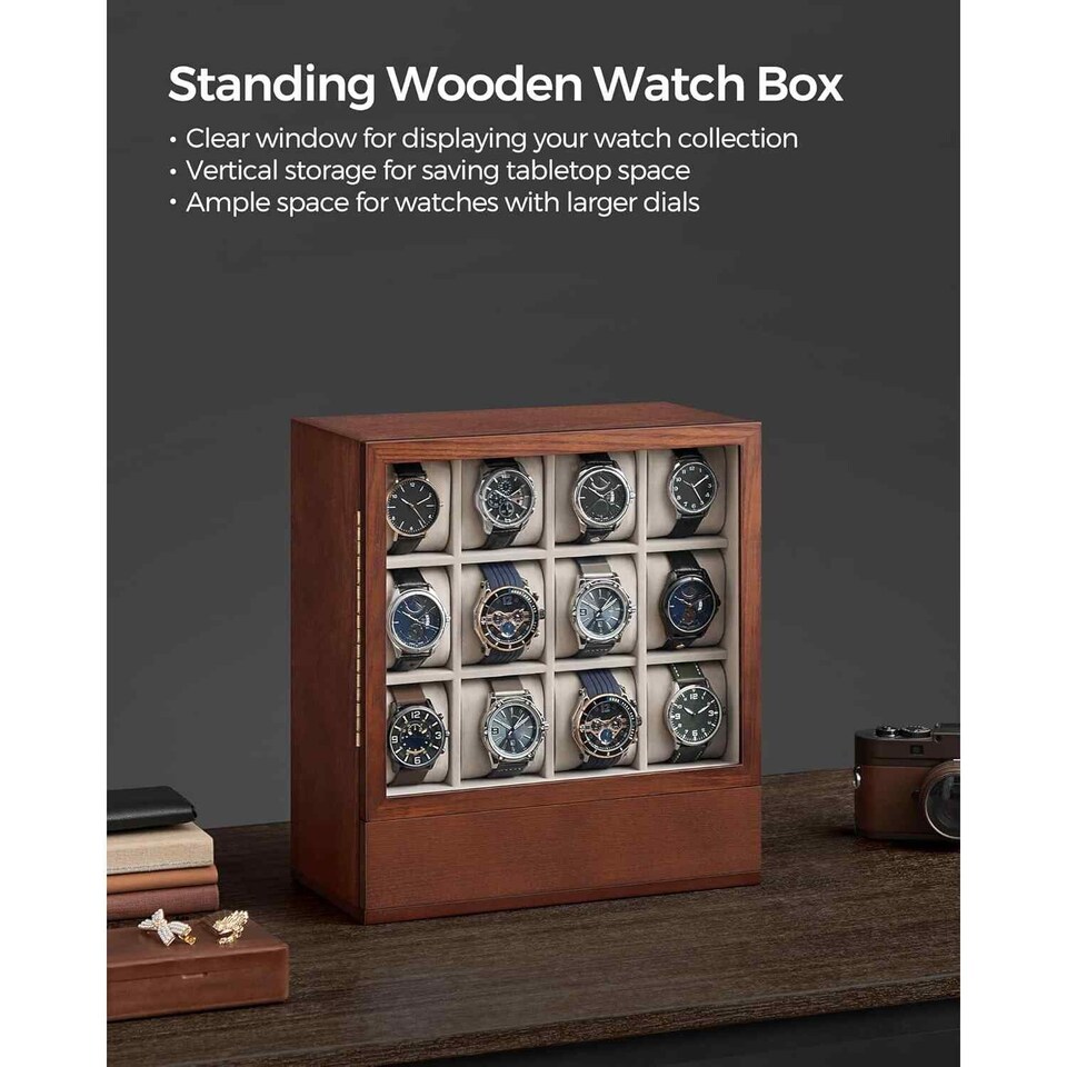image 1 of Wooden Watch Box with 12 Slots, Glass Display Lid, Vertical Watch Storage Case, Coffee Brown