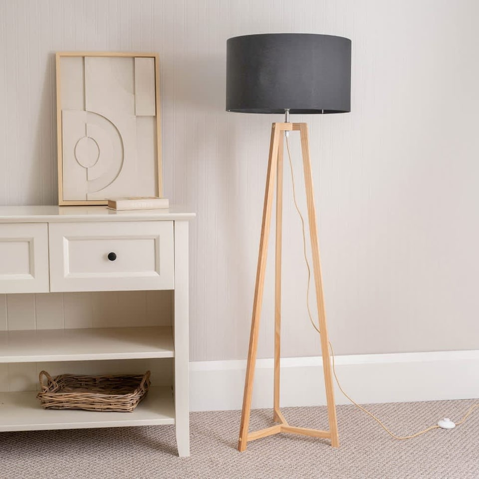 image 1 of ValueLights Lottie Natural Wood Tripod Floor Lamp Charcoal Grey Shade and Bulb