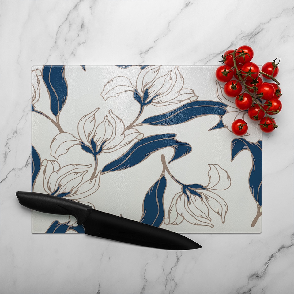 image 1 of White Flowers Glass Chopping Board | Multi