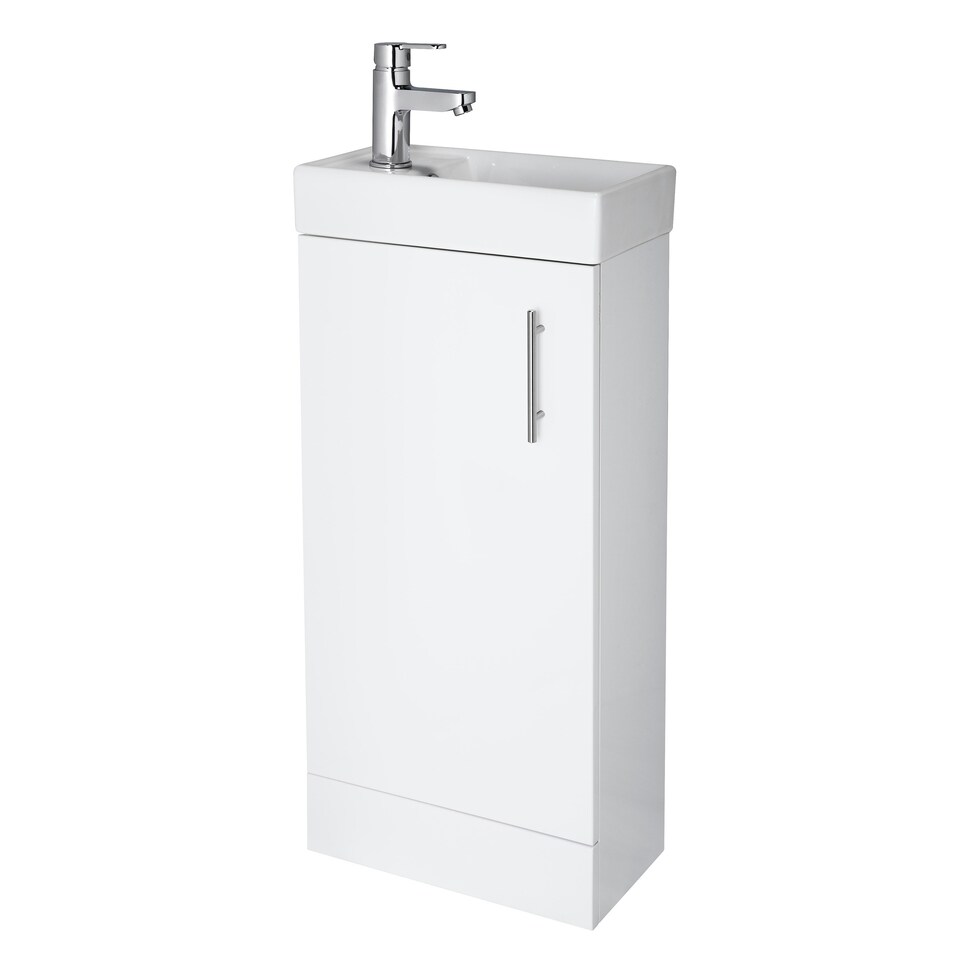 image 1 of Cloakroom Floor Standing 1 Door Vanity Unit with Basin, 400mm - Gloss White White