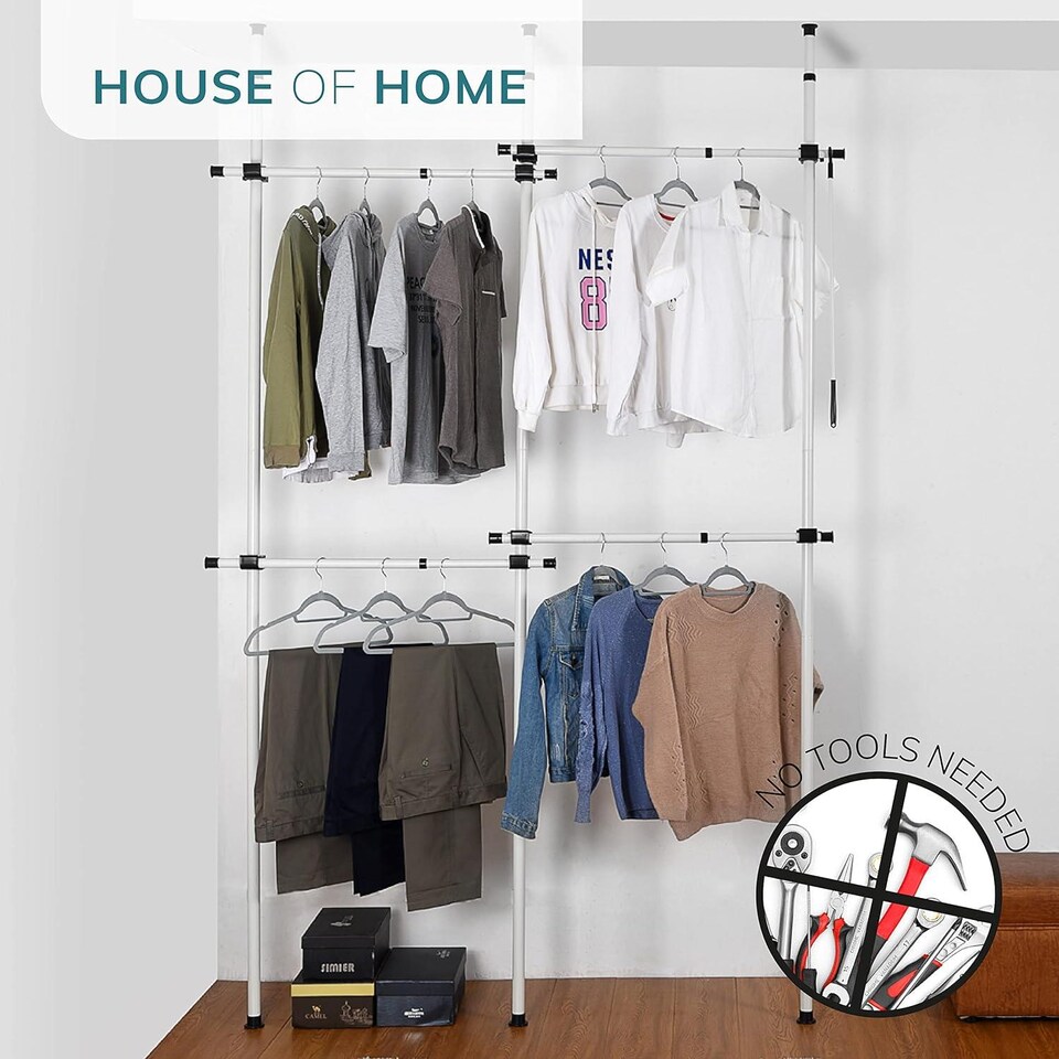 image 1 of House of Home Telescopic Double Rail Clothes Wardrobe Organise Hanging Rack Adjustable Storage | White | Not provided