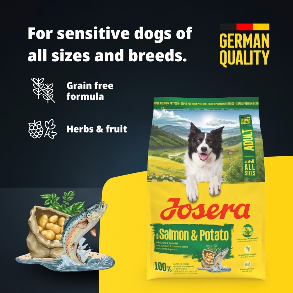 image 1 of Josera Adult Salmon & Potato grain-free complete food | Adult & Senior dogs | Single animal protein | Gluten free | Herbs & fruit | Skin & Coat | 3x3kg