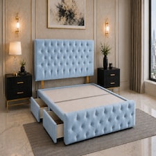 Brooklyn Divan Bed with Upholstered Headboard & Footboard Base - Small Double Sky Blue Plush 2 Drawers Storage Right Side in Bed