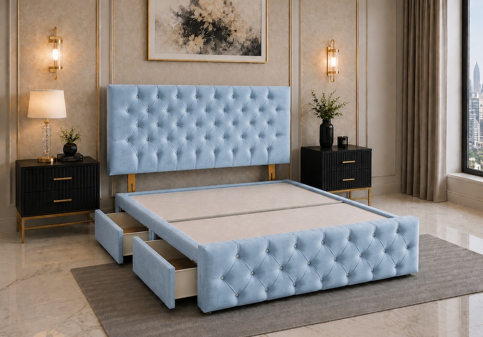 Brooklyn Divan Bed with Upholstered Headboard & Footboard Base - Small Double Sky Blue Plush 2 Drawers Storage Right Side in Bed