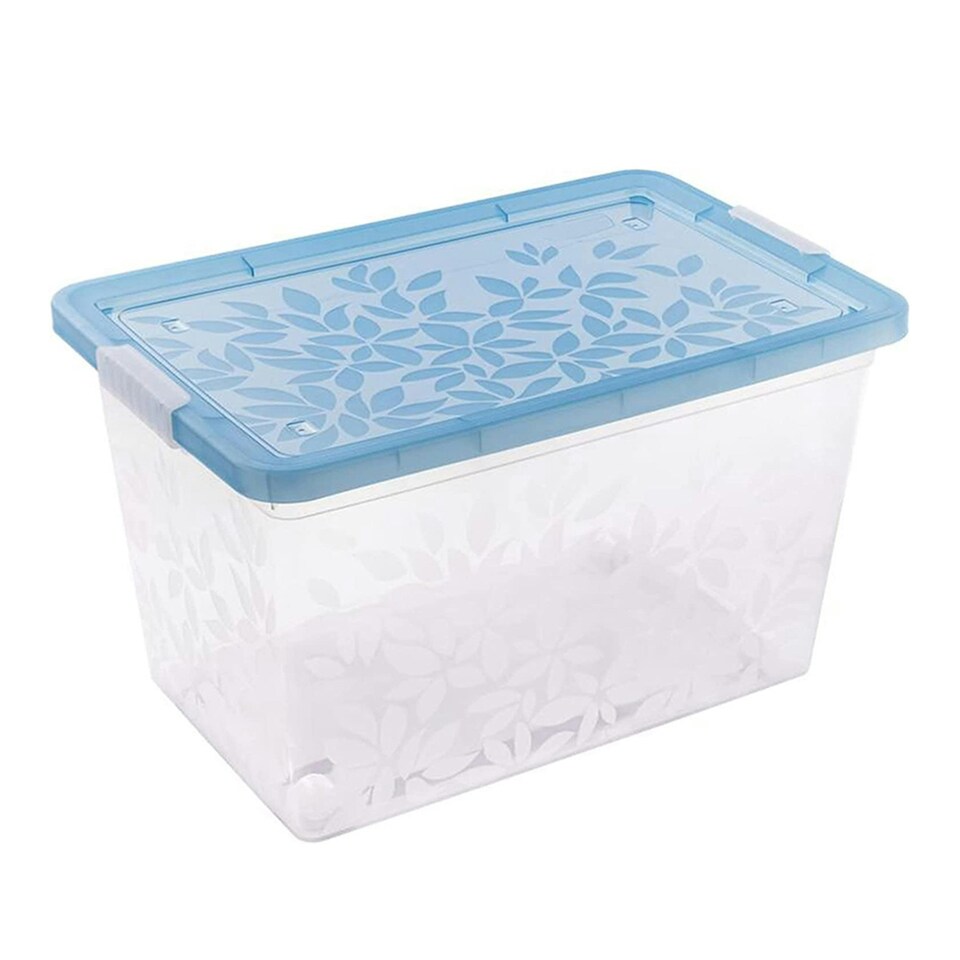 image 1 of Set of 3 55 Litre Elegant Jasmine Leaves Strong Stackable Plastic Storage Boxes Complete With Clip Locked Lids Clear
