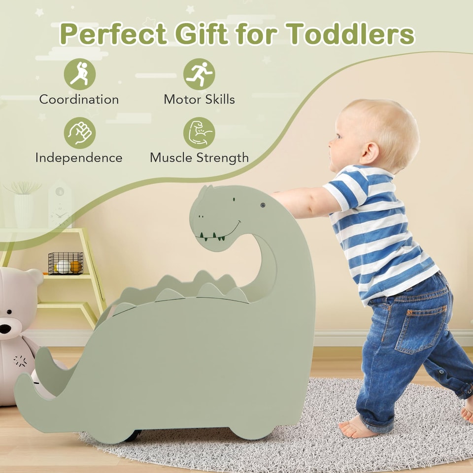 image 1 of COSTWAY 2 in 1 Wooden Baby Push Walker Shopping Cart Green