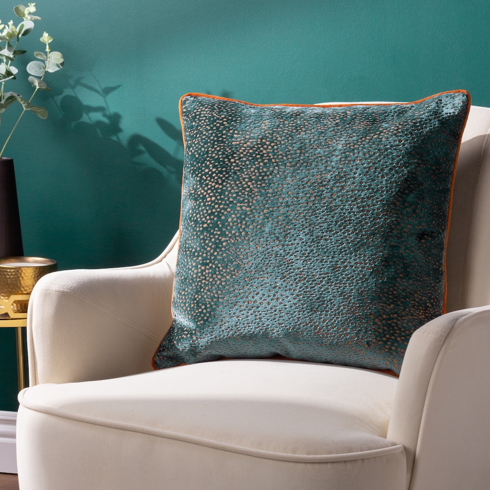 image 1 of Paoletti Estelle Spotted Cushion, Teal/Rust, 45 x 45cm
